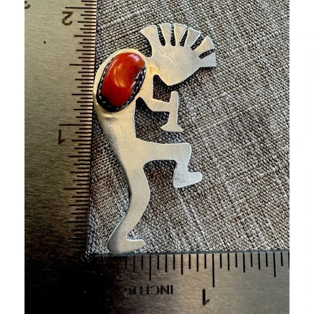 Kokopelli Sterling Silver Red Coral Brooch Pin Arrow Hallmark 3.45g